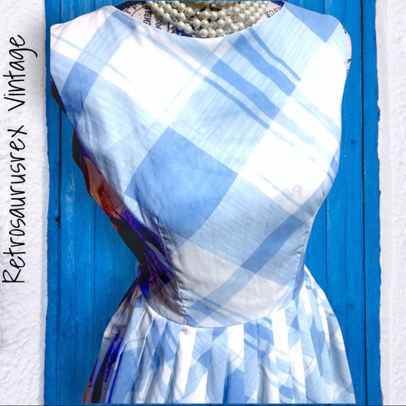Vintage 1950’s Blue & White Plaid Sleeveless Circle Skirt Dress, Dress de Ville - Picture 6 of 8